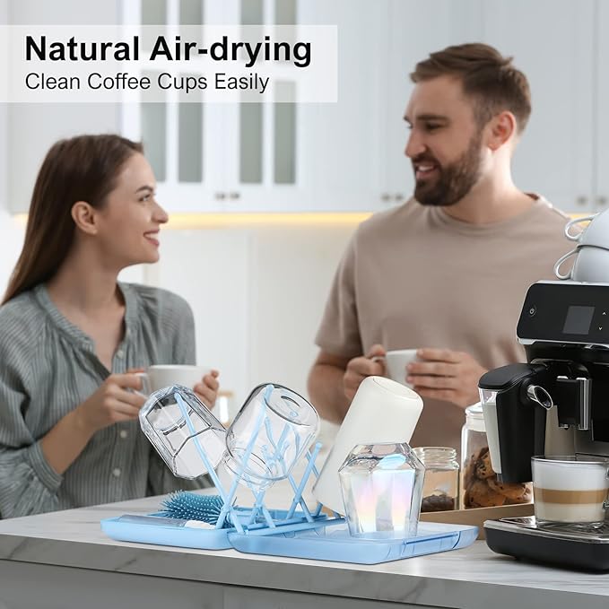 Bottle Brush Set -Baby Travel Essential-6 in 1 Bottle Cleaner Kit with Silicone Bottle Brush,Nipple Cleaner Brush,Straw Brush,Soap Dispenser,Storage Box,Bottle Drying Rack for Home and Travel(Blue)