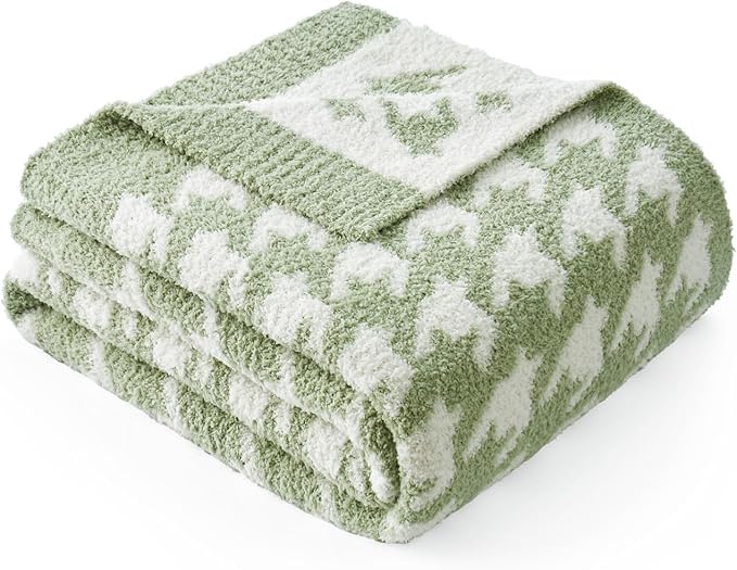 Snuggle Sac Houndstooth Throw Blanket for Couch, Reversible Super Soft Warm Blankets Cozy Knit Fuzzy Plush Lightweight Throws for Sofa, Bed, Camping, Green,50x60 inches