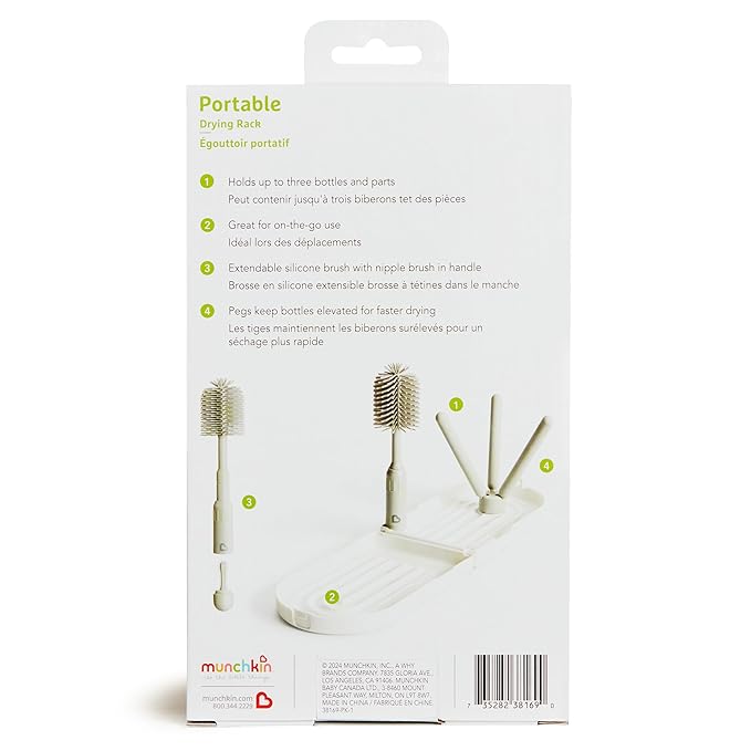 Munchkin® Travel Baby Bottle Drying Rack with Silicone Bottle Brush - Compact and Foldable, Fits Easily in Diaper Bags for On-The-Go Use