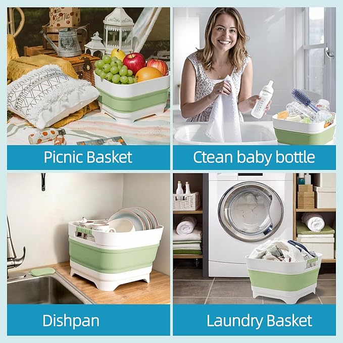 Collapsible Wash Basin for Baby Bottles - 2.4 Gallons Portable Wash Bin for RV Camping Sink, Space-Saving Dish Tub.Laundry & Utility Room Sinks (Green)