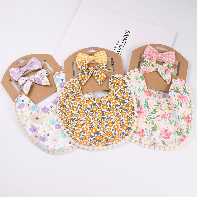 Baby Girls Floral Print Bibs, Reversible Burp Cloth Set for Newborn Infant Toddlers