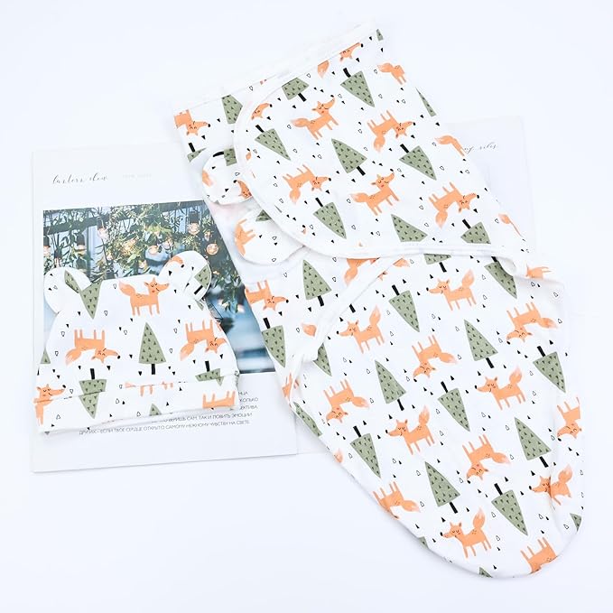 Cinaci 2 Pieces Adjustable Soft Cotton Baby Swaddle Sleep Sacks Hats Newborn Nursery Caps Beanies Bonnets Swaddle Blanket Wraps for Baby Girls Boys Infants Newborns (2PCS S6)