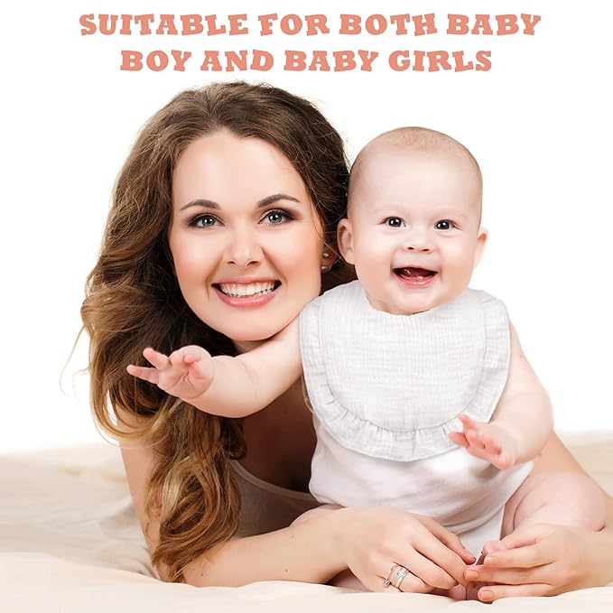 Seematn 10 Pcs Baby Muslin Bibs Drool Bibs Bandana Ruffle Soft Cotton for Newborn Baby Infants Girl Teething Toddlers Boy(White)