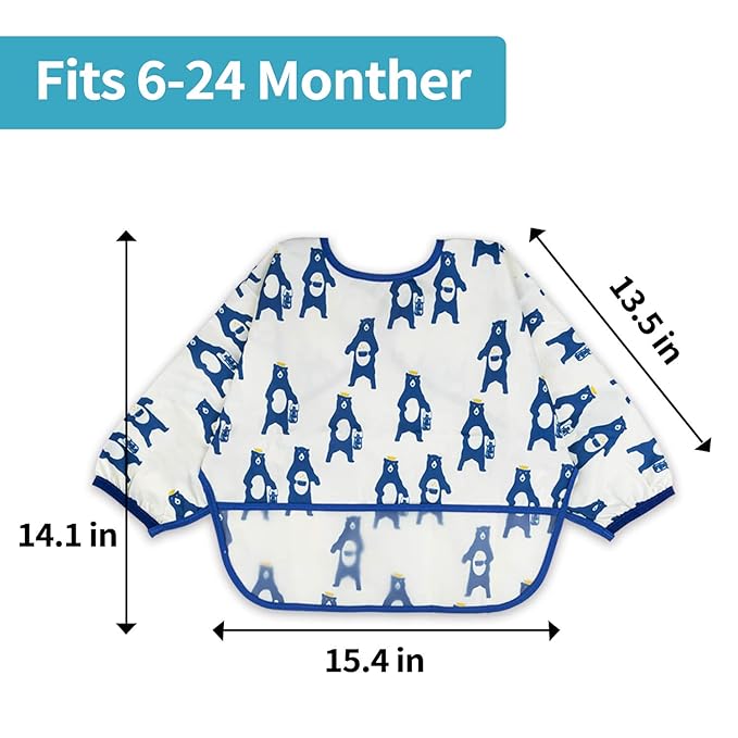 Baby Noah 3 Pack Long Sleeve Bib, Toddler Mess Free & Waterproof Shirt Bibs, Reusable Bib with Pocket, Adjustable Fits Ages 6-12 Months