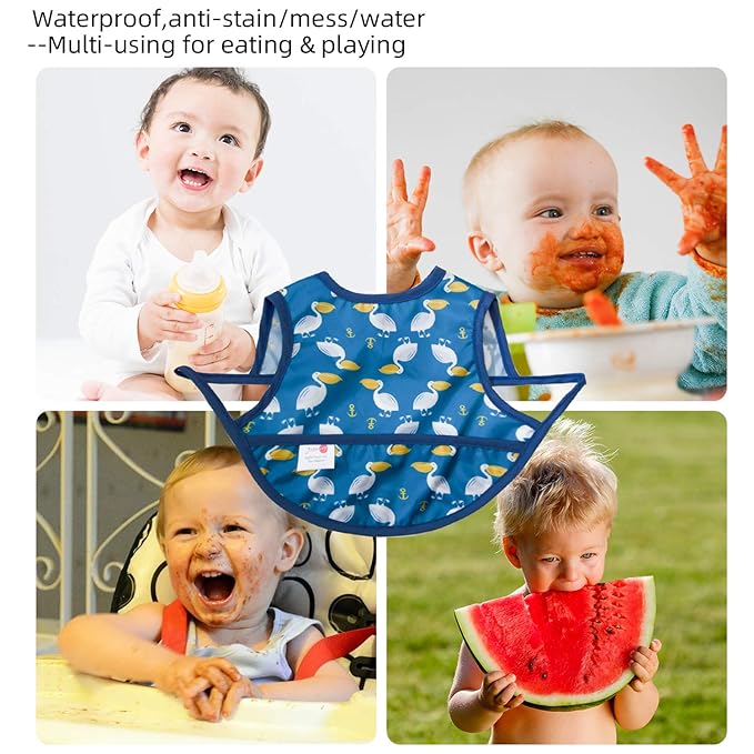 Joyo roy Mess Proof Baby Bibs 3-10 Months Waterproof Toddler Baby Boy Bibs for Eating Machine Washable Sleeveless Infant Smock Bib Travel Reusable Led Weaning Apron for Feeding Bib with Food Catcher