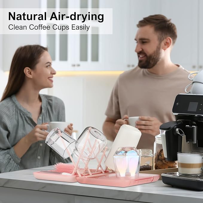 Baby Bottle Brush Set-6 in 1 Bottle Brush Cleaner with Silicone Bottle Brush,Drying Rack,Nipple Brush,Straw Brush,Soap Dispenser&Storage Box-Baby Essentials Gifts for Home&Travel(Pink)