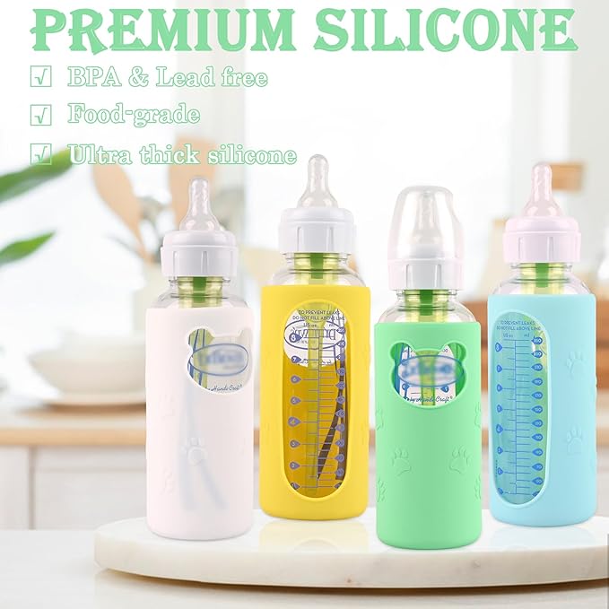 4 Pack Silicone Sleeves for Dr Brown's Glass Baby Bottles, Anti Breakage Baby Bottle Holder, Compatible Dr. Brown's Natural Narrow Glass Baby Bottles 8 oz, BPA Free (White+Blue+Green+Yellow)