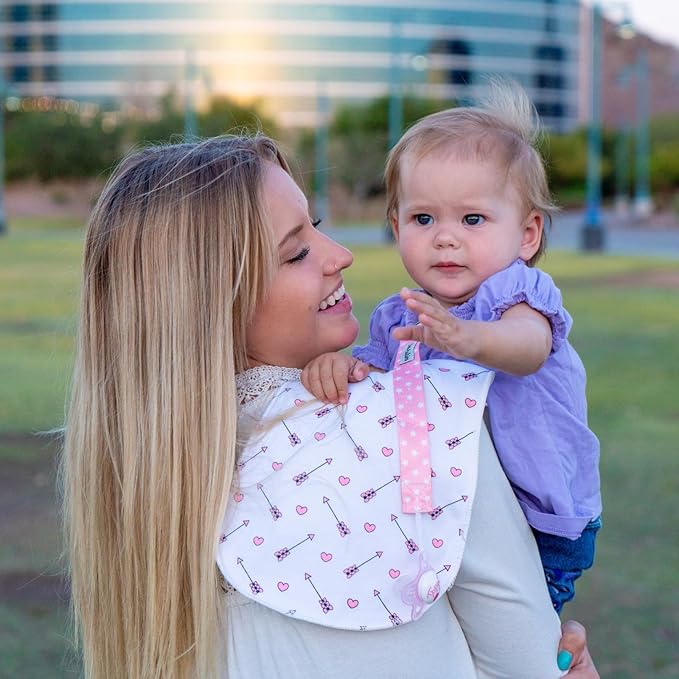 Dodo Babies 5-Pack Baby Burp Cloths - Soft & Absorbent Baby Spitup Cloths - Contoured Shape for Infant Essentials - Includes Pacifier Clips & Pacifier Case - 19 x 9 in, 2 Clips & Case, Pink/White/Grey