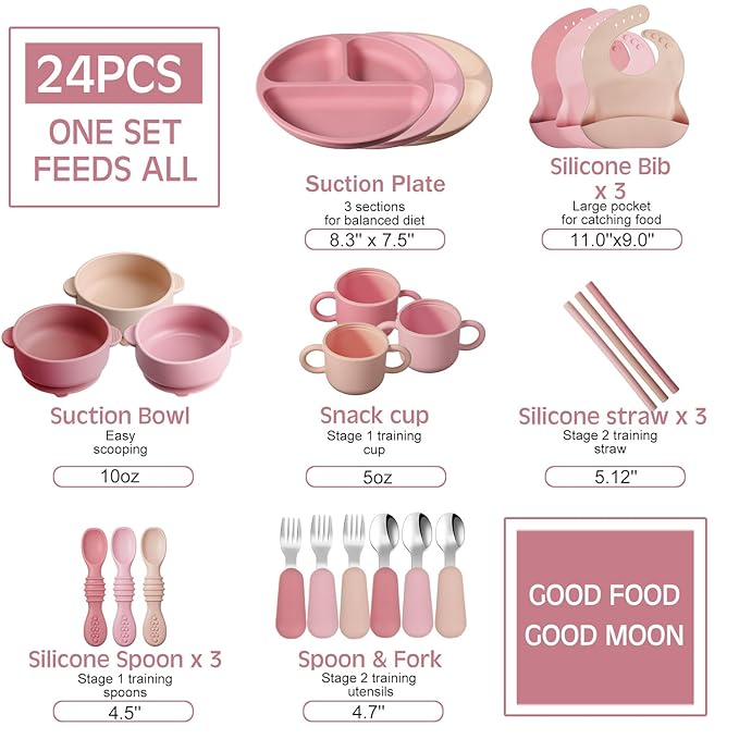 Yinder 24 Pack Silicone Baby Feeding Set Baby LED Weaning Supplies Includes Suction Divided Plates Soft Bowl Spoons Forks Adjustable Bib Snack Cup and Straws(Dark Pink, Dusty Pink, Peach Color)