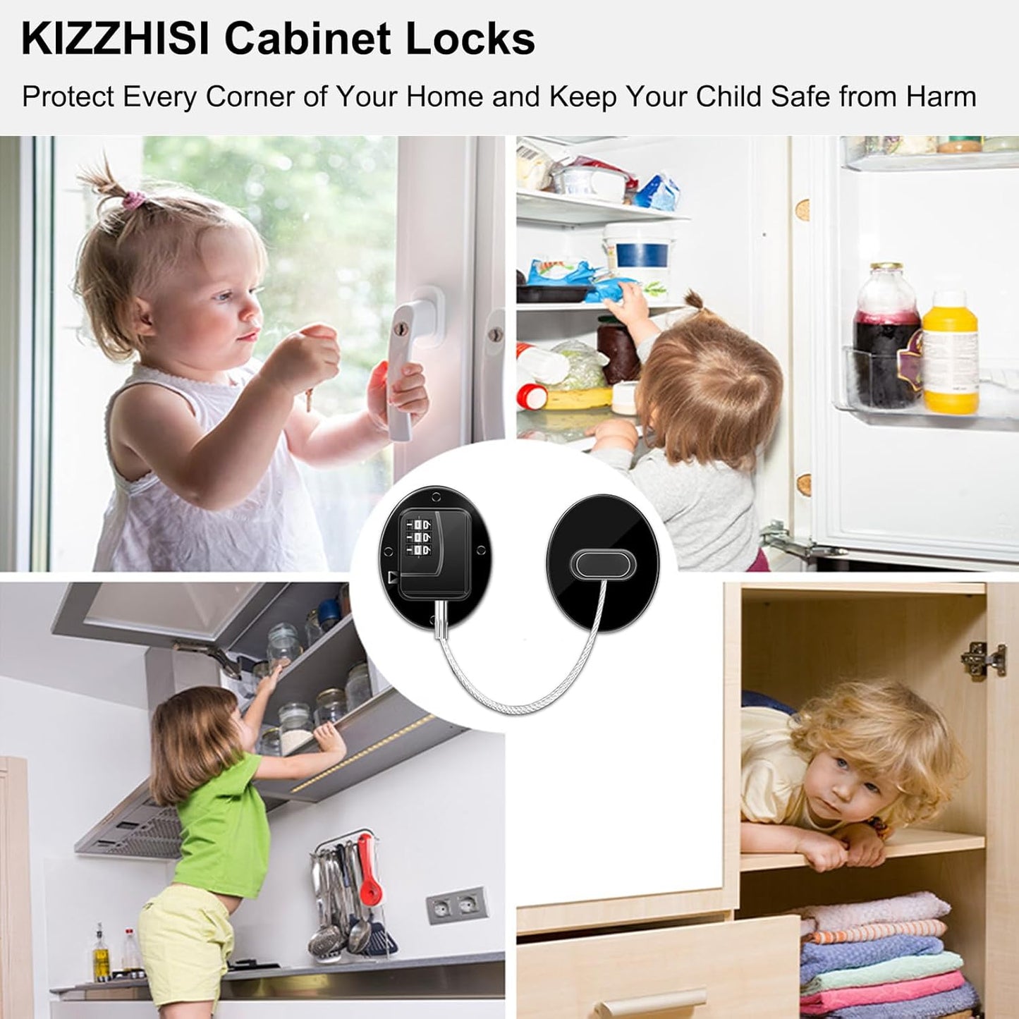 Heavy Duty Combination Refrigerator Lock (4 Pack) - Fridge Lock for Fridge, Cabinets, Drawers, Window and Cabinet Locks Baby Proofing, Strong Non-Marking Adhesive No Drilling (Black)