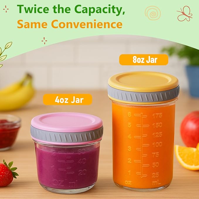 Glass Food Storage Jars with Lids (8 oz, 8-Pack) – Baby Food, Breast Milk, Puree, Reusable Containers for Snacks & Meal Prep, Portion Control & Spice Storage, Freezer, Microwave, Dishwasher Safe