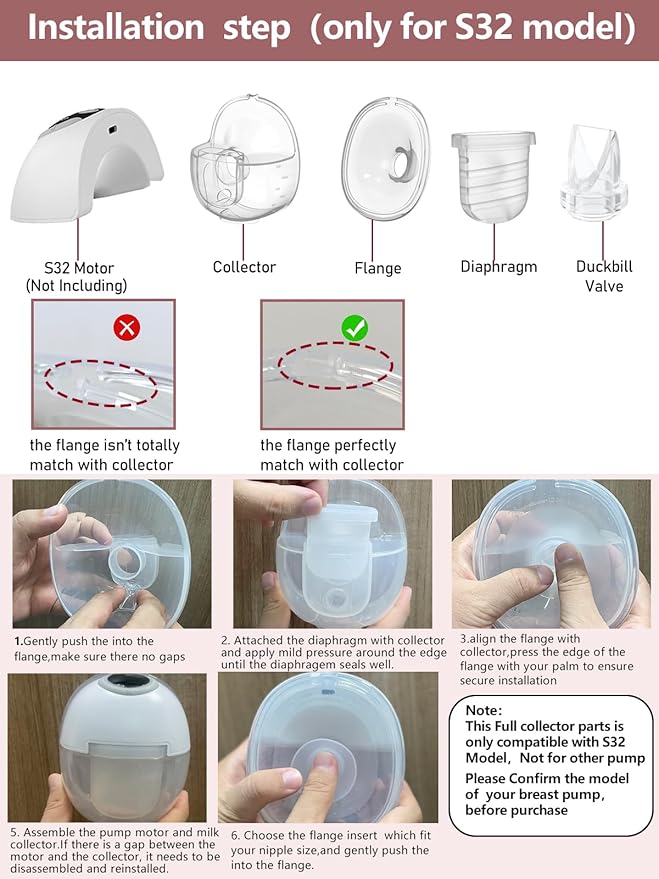 Two Full Sets Breast Pump Parts with 24mm Flange Compatible with Lansinoh Discreet Duo/NCVI/Nuliie/NICEGREEN Life/Zooawa S32 Breast Pump Replacement Parts,S32 Pump Parts,Extra Duckbill Valve&Diaphragm