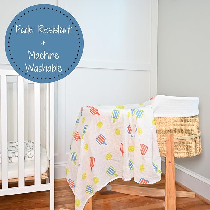 LollyBanks Swaddle Blanket, 100% Cotton Baby Blanket, Soft Muslin Swaddle Blankets 47 x 47 Inches, Nursery Swaddling Blankets for Boys and Girls, Baby Essentials, Registry (Pickleball Print)