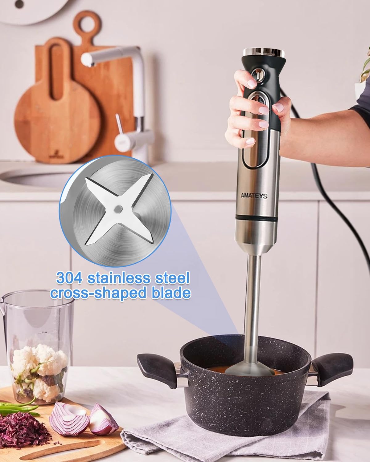 Handblender with Plug,Immersion Blender Handheld, Heavy-Duty Copper Motor, Detachable Stainless Blade Dishwasher Safe, 2 Modes with Pulse,Infinitely Variable Speed, Space-Saving Design