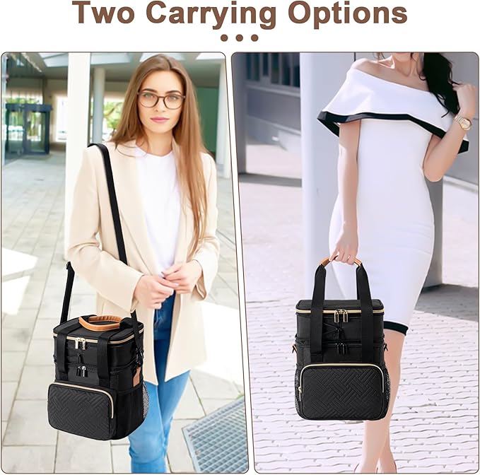 Breastmilk Cooler Bag with Ice Pack Fits 6 Baby Bottles Up to 9 Ounce, Expandable Double-layer Leak-Proof Cooler Bag with Shoulder Strap for Nursing & Working Mom, Black