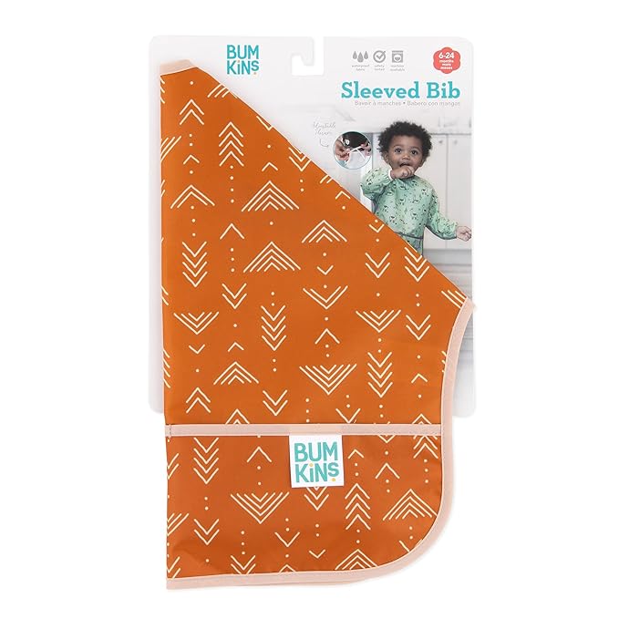 Bumkins Sleeved Bib for Girl or Boy, Baby and Toddler for 6-24 Mos, Essential Must Have for Eating, Feeding, Baby Led Weaning Supplies, Long Sleeve Mess Saving Food Catcher, Soft Fabric, Boho Orange
