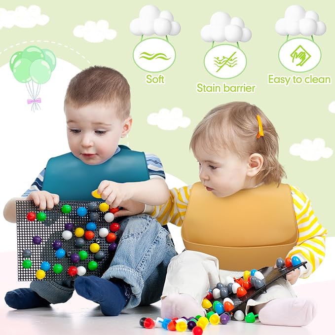 Tioncy 24 Pcs Silicone Bibs for Babies Toddlers Waterproof Adjustable Soft Durable Feeding Baby Bibs Gifts with Food Catcher for Kindergarten Nursery Preschool Children
