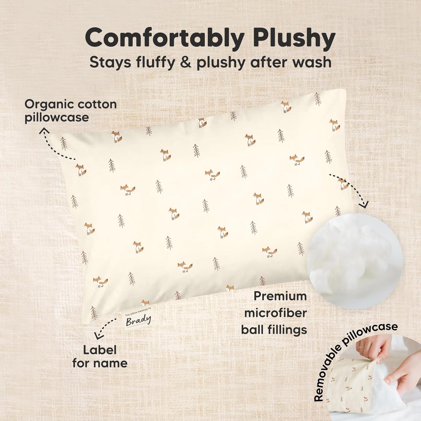 Mini Toddler Pillow with Pillowcase - 9x13 My Little Dreamy Travel Kids Pillow for Sleeping, Toddler Bed, Small, Tiny, Organic Cotton Pillowcase, Soft & Breathable, Kids 2-4 Years Old (Fox Tales)