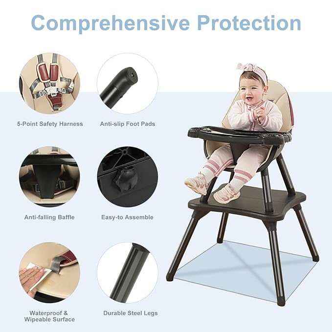 6 in 1 Baby High Chair, Convertible Highchair for Babies and Toddlers, Building Block Table Highchair with 5-Point Safety Harness/Removable Tray, Infant Feeding Table and Chair Set, Black