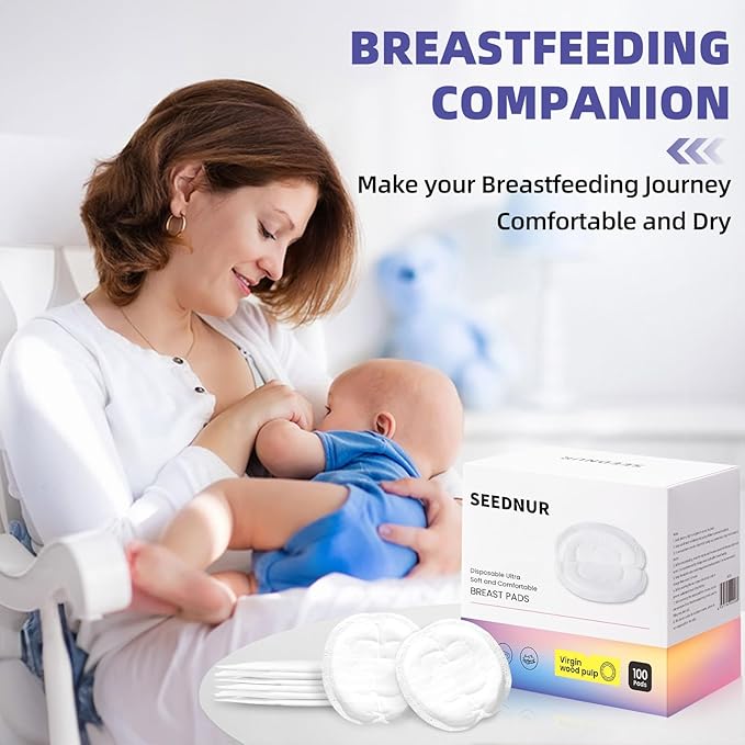 Disposable Nursing Pads, SEEDNUR Breast Pads for Leaking Milk 100 Count, 0.04cm Ultra-Thin, Ultra-Absorbent, No Shedding, Individually, Soft & Breathable Nipple Pads Breastfeeding Essentials for Moms