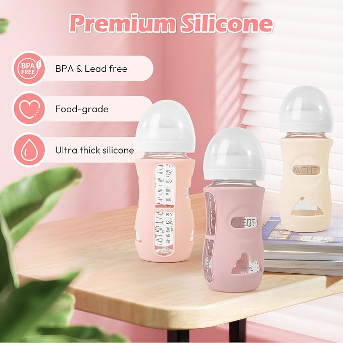 3 Pack Silicone Sleeves for Philips Avent Natural Glass Baby Bottles, Anti Breakage Baby Bottle Holder for Baby Girls, Compatible with Philips Avent Glass Natural Baby Bottle, 8 oz