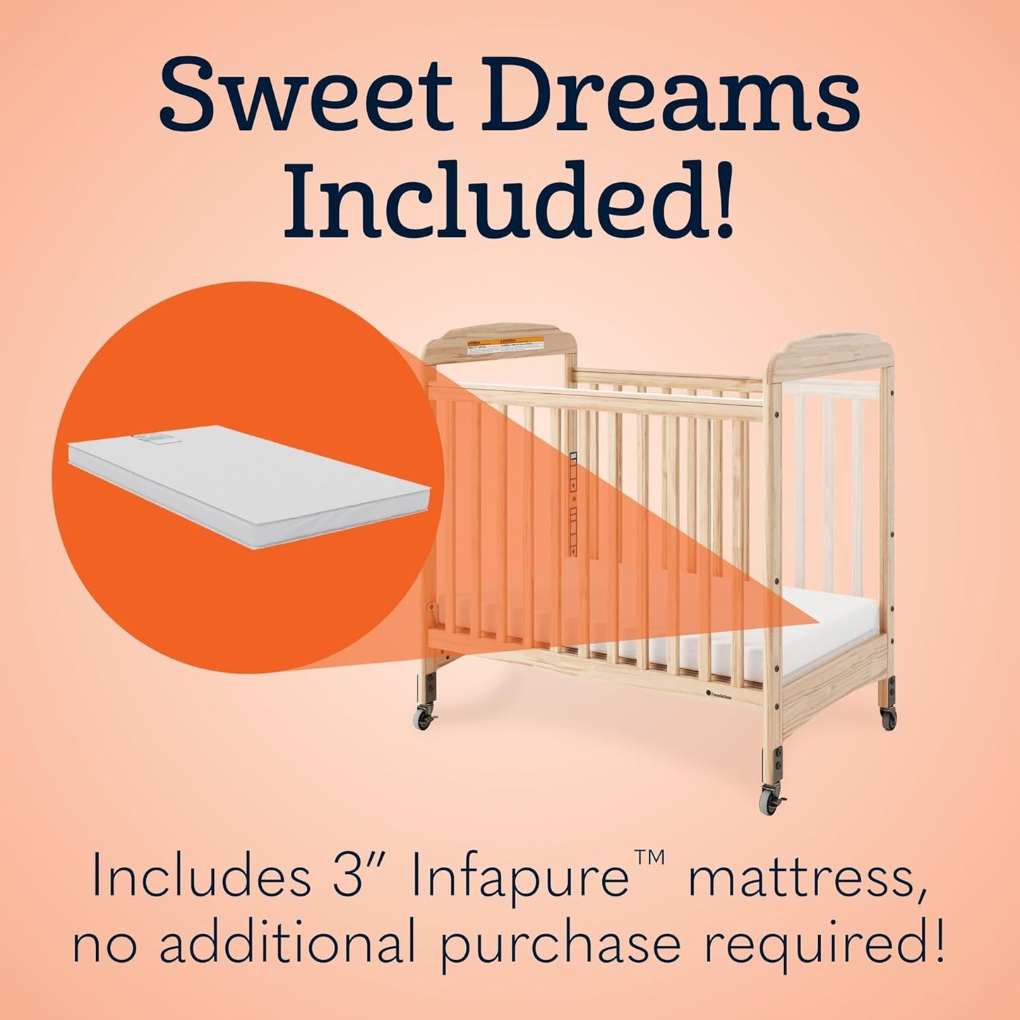Foundations Serenity Compact Clearview Daycare Crib, Fixed Side, Durable Wood Construction, Adjustable Mattress Board, Clear End Panels. Includes 3” InfaPure Foam Mattress (Natural)