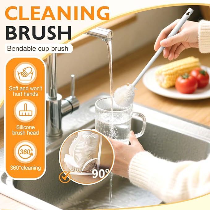 360° Flexible Silicone Bottle Brush with Long Handle,2025 New Multifunction Cleaning Foldable Cleaning Tool,Soft Bristle Silicone Cup Brush for Narrow Neck Bottles,Water Bottles (Blue A/1pcs)