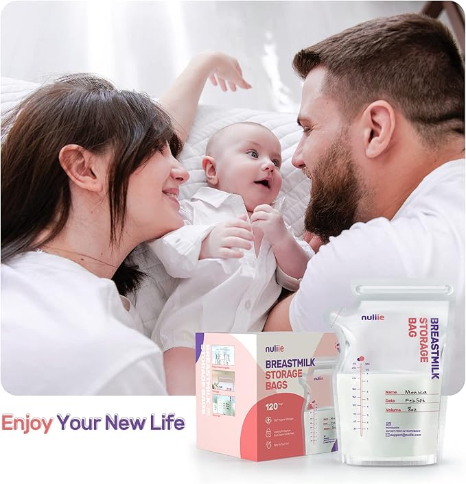 Nuliie 120 Pcs Breastmilk Storage Bags, 8 OZ Breast Milk Storing Bags, BPA-Free, Milk Storage Bags with Pour Spout for Breastfeeding, Self-Standing Bag, Space Saving Flat Profile