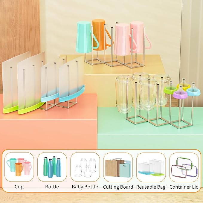 Foldable Baby Bottle Drying Rack-10 Poles Water Bottle Organizer for Cups,Travel Mugs,Silicone Bags- Collapsible Stainless Steel Bottle Rack Dryer (Silver)