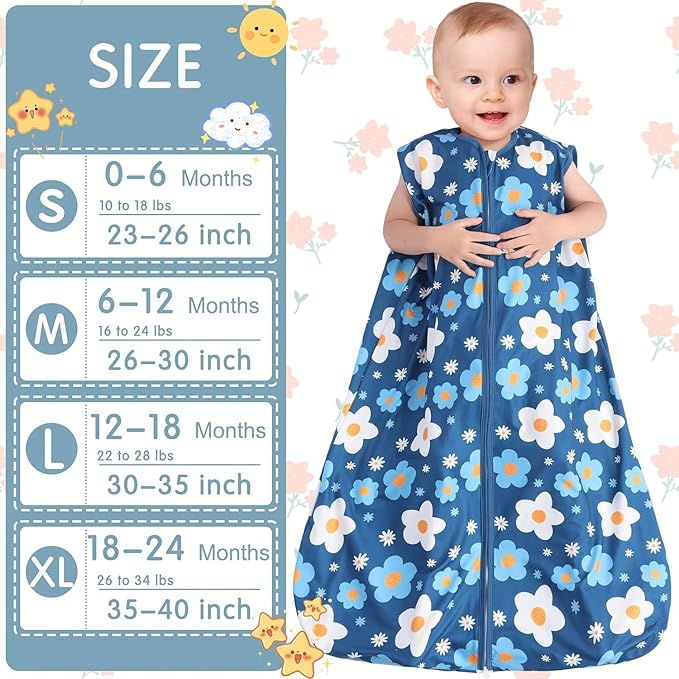 3 Pack Baby Sleep Sack 100% Rayon Cotton Baby Sleeping Bag 2-Way Zipper Toddler Wearable Blankets TOG 0.3. (Gerbera&Tulips&Pink, 12-18 Months)