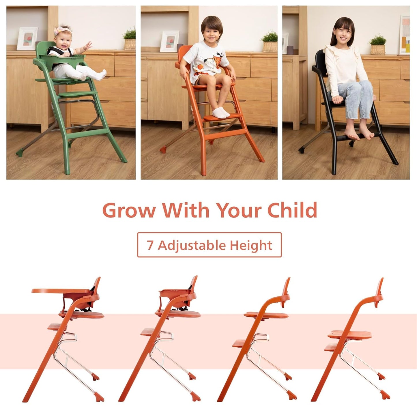 Unilove Grow with Me 2-in-1 Baby High Chair – Adjustable Toddler Chair with Baby Set, Removable Harness, One-Hand Seat & Footrest Adjustment, for Ages 6-60 Months - Pumkin Orange