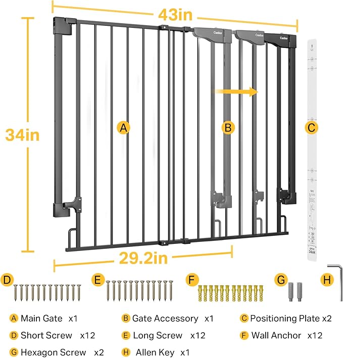 Cumbor 34" Extra Tall No Bottom Bar Baby Gate for Stairs, Wall Mounted Dog Gate Indoor for Larger Pets, Expandable 29.2-43" Safety Gate for Doorways, Wide Walk Thru Door for Easy Access (Black)