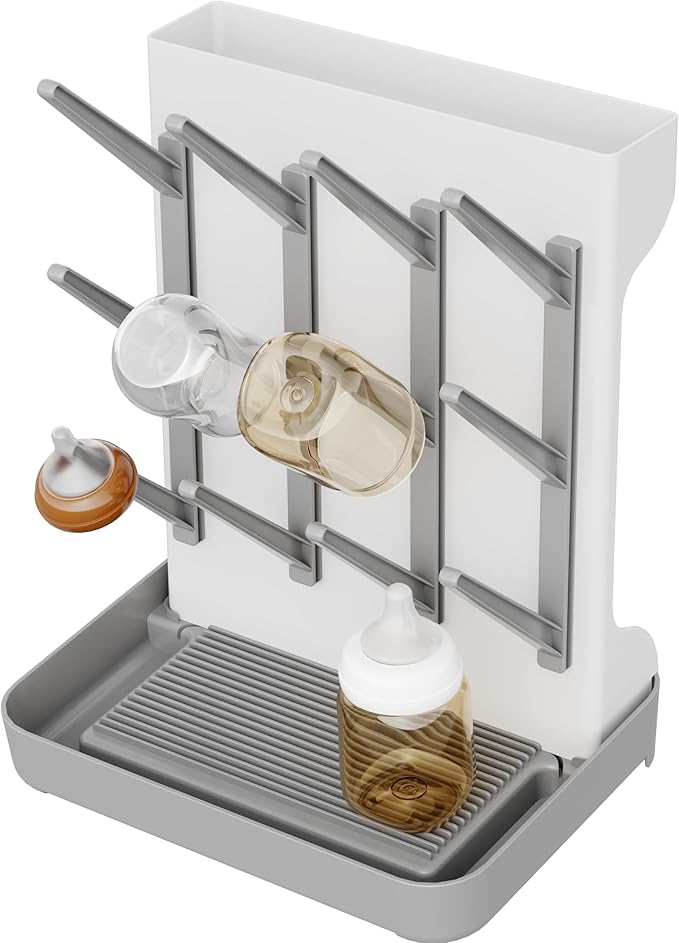IEEK Baby Bottle Drying Rack,Large Vertical Drying Tower Bottle Rack Holder Space Saving Standing Drying Rack for Countertop-Holds 12 Baby Bottles and Cup,Etachable Travel Bottle Rack,Grey and White