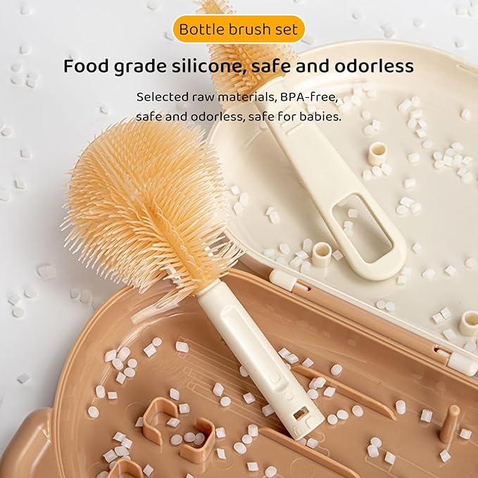 HOEREV Portable Baby Silicone Bottle Brush Set Include Pacifier Brush, Straw Brush, draining Rack, Portable Box