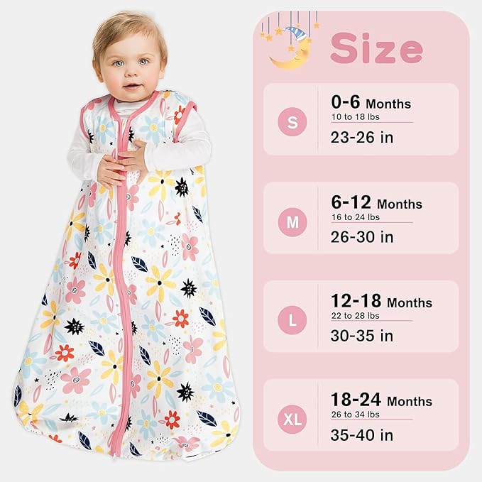 3 Pack Baby Sleep Sack 12-18 Months 100% Rayon Cotton Baby Sleeping Bag 2-Way Zipper Toddler Wearable Blankets Comfy Stretchy Lightweight TOG 0.3 (Heart&Pink&Floral)