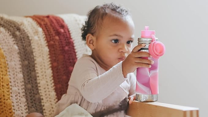 Pura Kiki 11oz/325ml Stainless Steel Straw Bottle w/Sleeve, 100% Plastic-Free, MadeSafe Certified, 100% Medical-Grade Silicone Straw for Kids, Toddlers, Preschoolers, Babies & Infant - New Pink Swirl