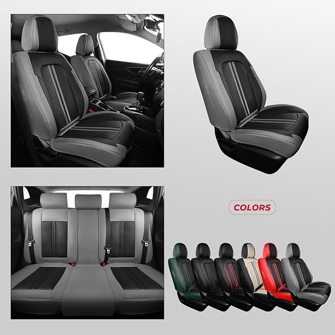 FREESOO Car Seat Covers Full Set, Black Grey Waterproof Car Seat Cover, Leather Seat Covers for Trucks, Luxury Car Seat Covers Front Seats and Auto Back, Car Seat Protector Cushion for Most SUV Cars