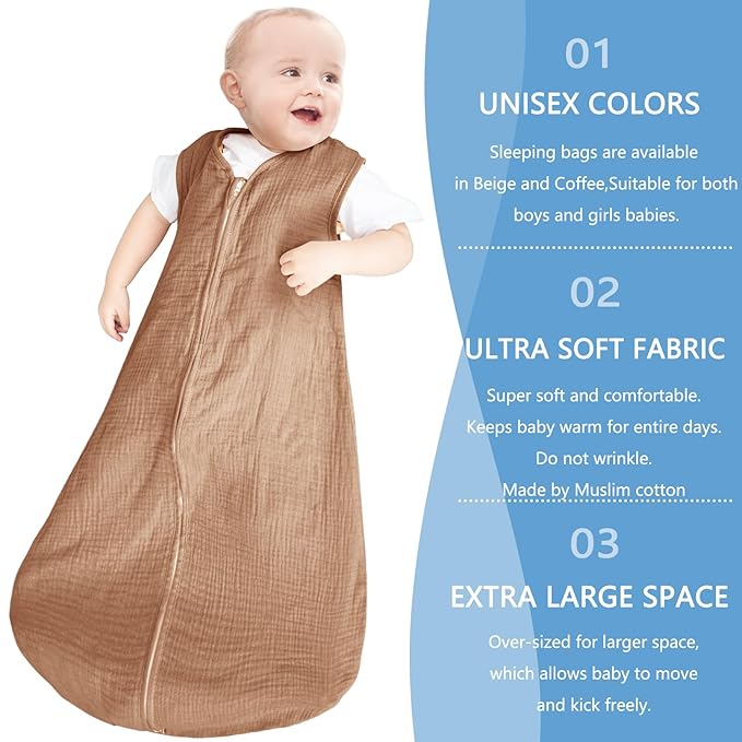 2 Pack Baby Sleep Sack 0-24 Months Baby Sleeping Bag 2-Way Zipper Toddler Wearable Blankets (Beige&Coffee TOG 0.3, Large)