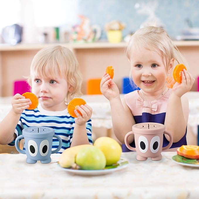Silicone Snack Cups Food Container for Toddlers and Babies, Spill Proof Training Cup with Snack Cup Lid & Dust Proof Lid, Comes with a toy strap, Without BPA, Lead, or Phthalates (Beige & Pink)