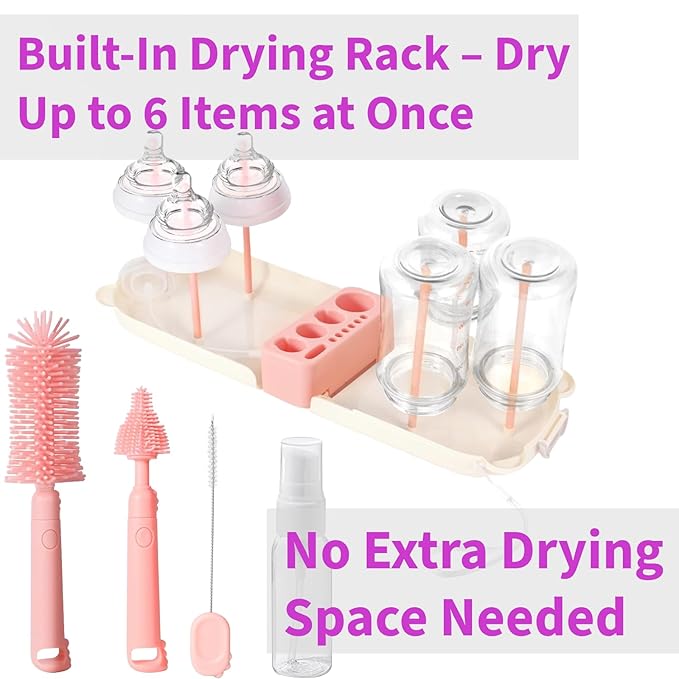 Travel Baby Essentials, 7in1 Travel Baby Bottle Cleaning Kit, Baby Essentials for Flying Nipple, Drying Rack, Straw, Soap Dispenser Dish Soap for Bottles, Gift for Mom (Pink)
