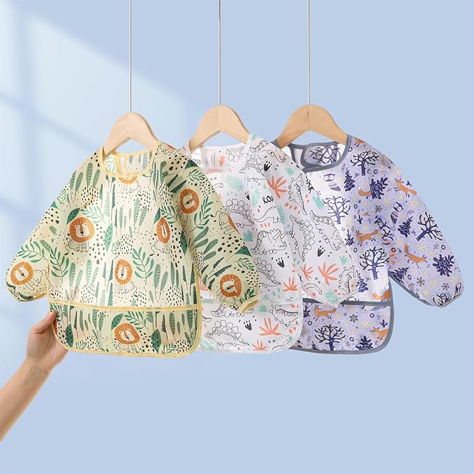3 Pack Long Sleeve Bib,Baby Smock for Eating 6-30 Months Reusable Shirt Bibs for Babies Toddler