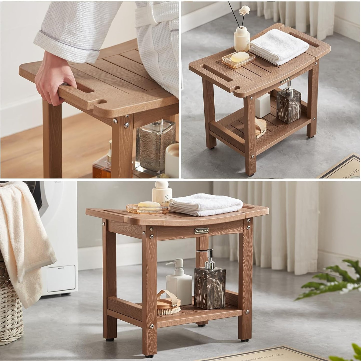 Poly Shower Stool for Inside Shower Waterproof, Shower Bench for Shaving Legs, Heavy Duty Plastic Bathroom Chair Seat with Handles & Adjustable Feet, Foot Rest, No Maintenance, Brown