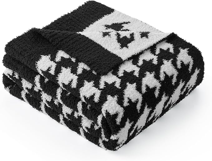 Snuggle Sac Houndstooth Throw Blanket for Couch, Reversible Super Soft Warm Blankets Cozy Knit Fuzzy Plush Lightweight Throws for Sofa, Bed, Camping, Black,50x60 inches