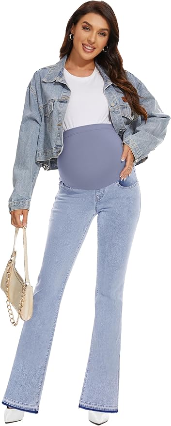 GLAMIX Women's Stretch Maternity Bootcut Jeans with Pockets Over The Belly Bell Bottoms Flare Denim Pants Pregnancy Clothes