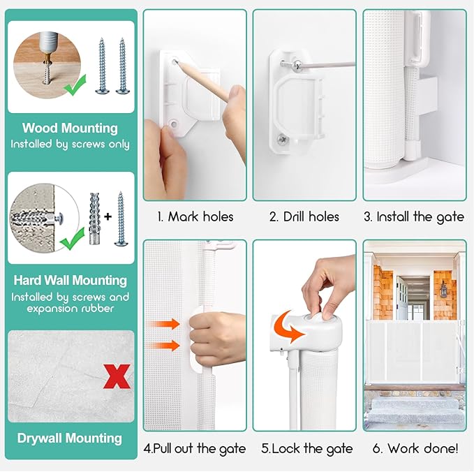 Upgrade 120 inch Retractable Baby Gates, EZIGO Extra Wide Baby Gate for Large Opening Extra Long Mesh Gate for Kids or Pet Dog Gate Child Safety Gate for Stairs Hallways Doorway Indoor Outdoor, White