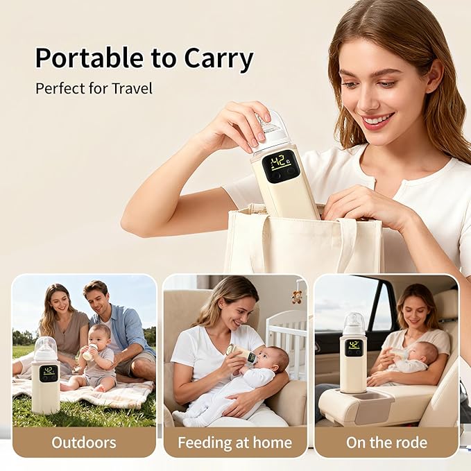 Portable Baby Milk Bottle Warmer for Breastmilk and Formula Feeding,Travel Baby Bottle-Feeding Breast Milk Waterless Warmer,Rechargeable 6000 mAh Battery,Digital Display,Bottle Warmer On the Go