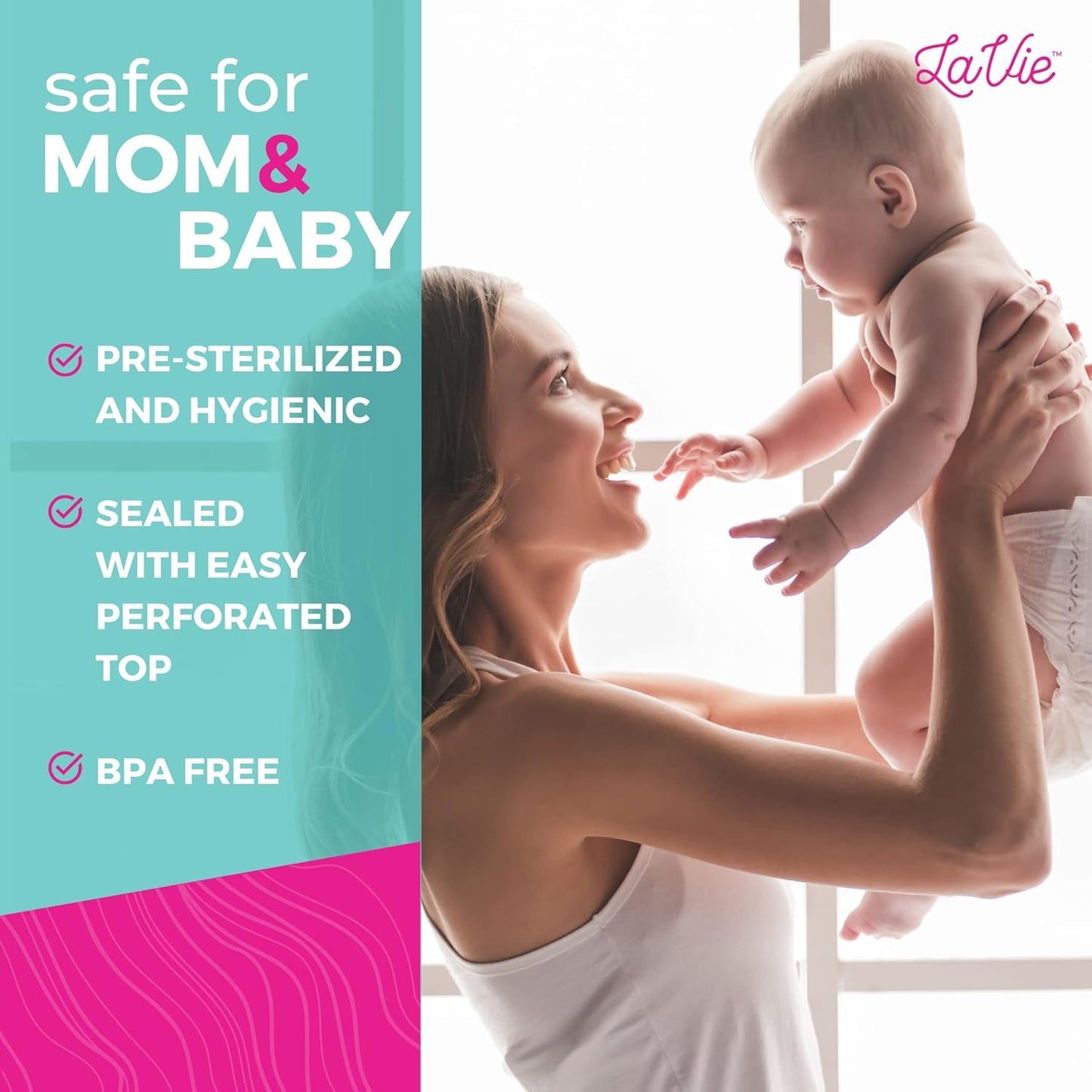 LaVie Breast Milk Storage Bags, 50 Count, 7 Ounce, Pre-Sterilized Breast Milk Containers, Leak-Proof, Space Saving, Self Standing for Refrigerating or Freezing Breast Milk (Pink)