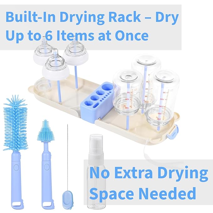 Travel Bottle Cleaner kit, 7in1 Baby Airplane Travel Essentials Silicone Travel Bottle Brush Set with Nipple, Drying Rack, Straw, & Breast Pump, Soap Dispenser & Organizer Case, Gift for Mom (Blue)