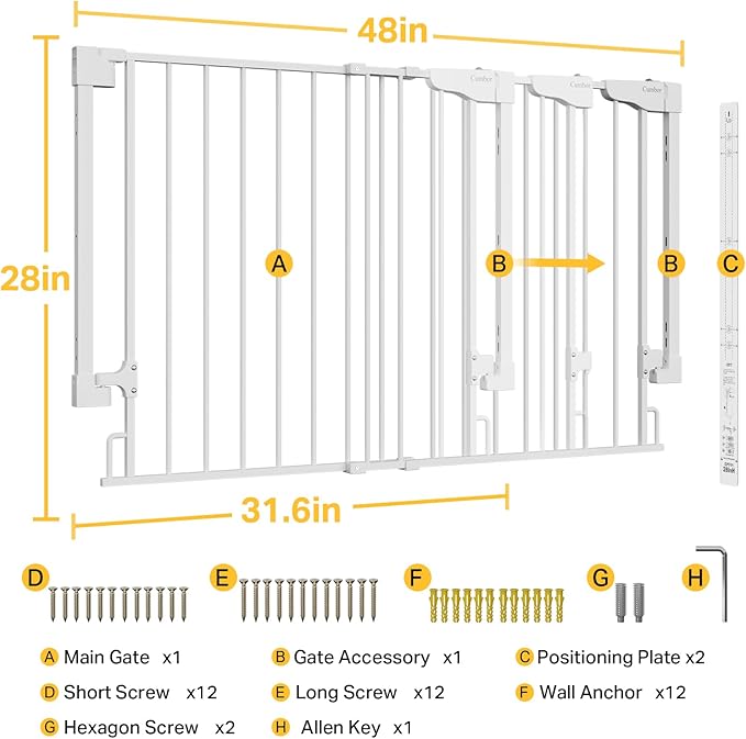 Cumbor Expandable 31.6-48" Baby Gate for Stairs, Wall-Mounted, 2-in-1 No Bottom Bar Dog Gate Indoor, Auto Close Pet Gate for Doorways with Large Walk Thru Door, Child-Proof Gate for Kids (White)