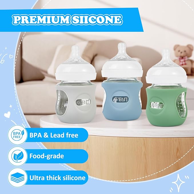 3 Pack Silicone Sleeves for Philips Avent Natural Glass Baby Bottles, Anti Breakage Baby Bottle Holder for Baby Boys, Compatible with Philips Avent Glass Natural Baby Bottle, 4oz